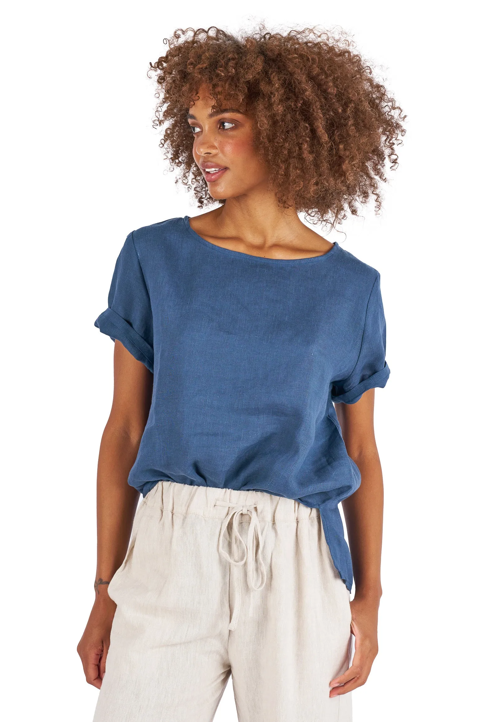 Teena-Linen Washed Blue T-Shirt