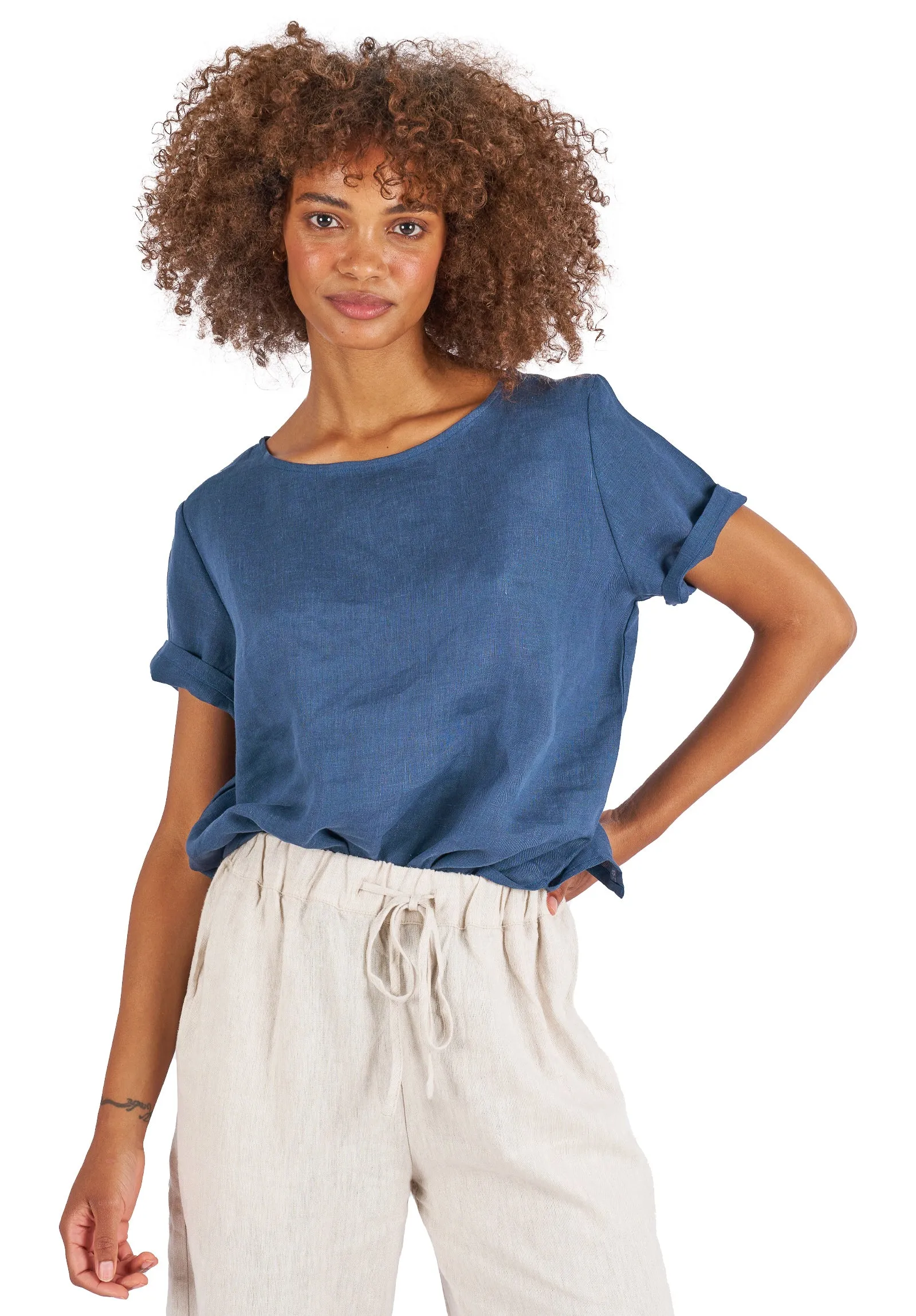 Teena-Linen Washed Blue T-Shirt