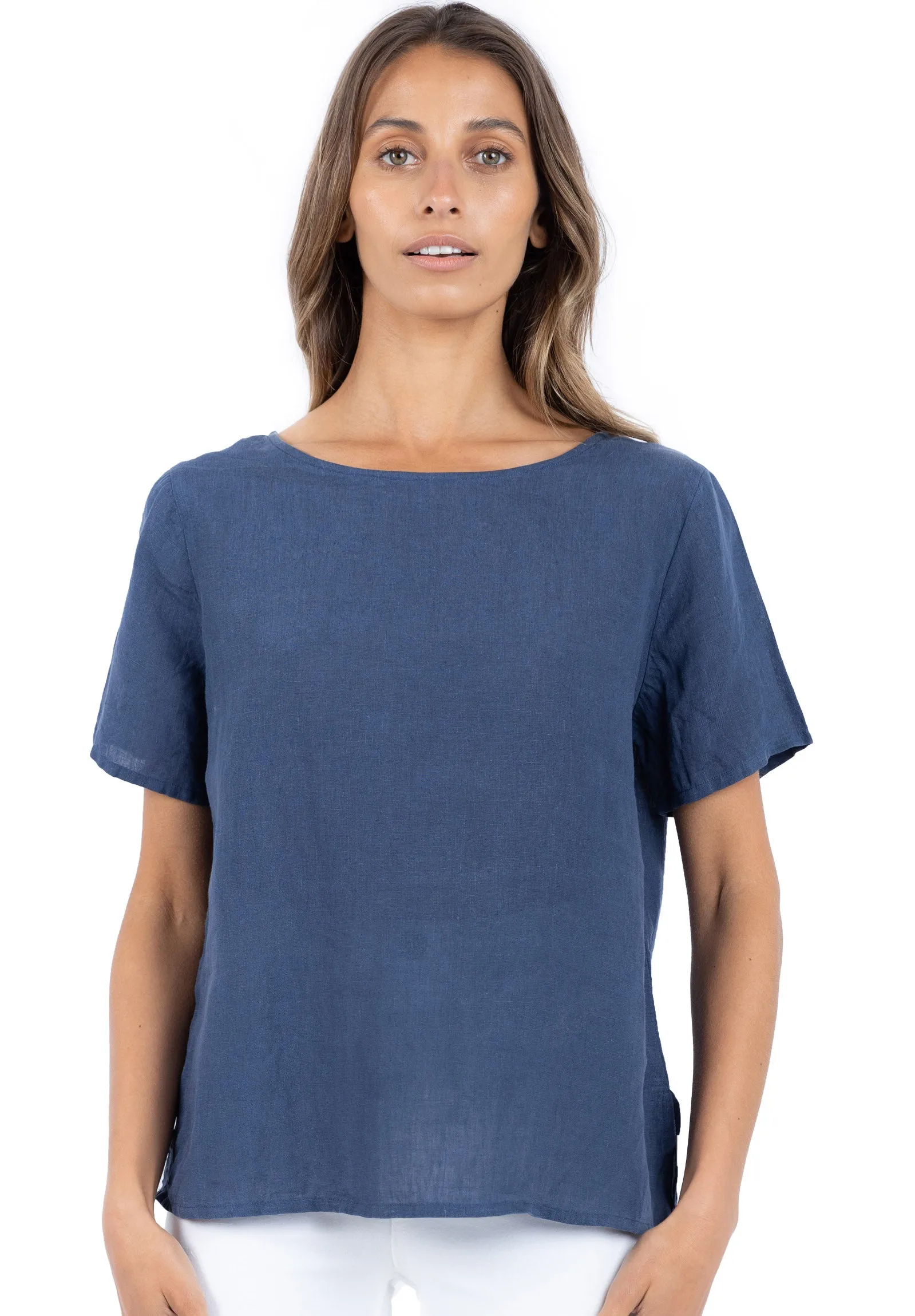 Teena-Linen Washed Blue T-Shirt