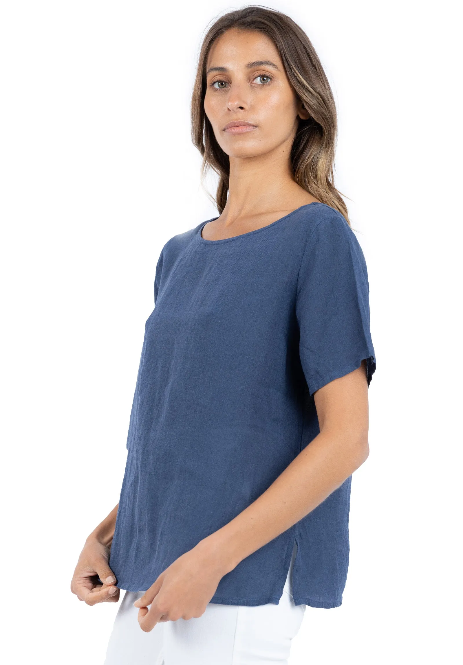 Teena-Linen Washed Blue T-Shirt