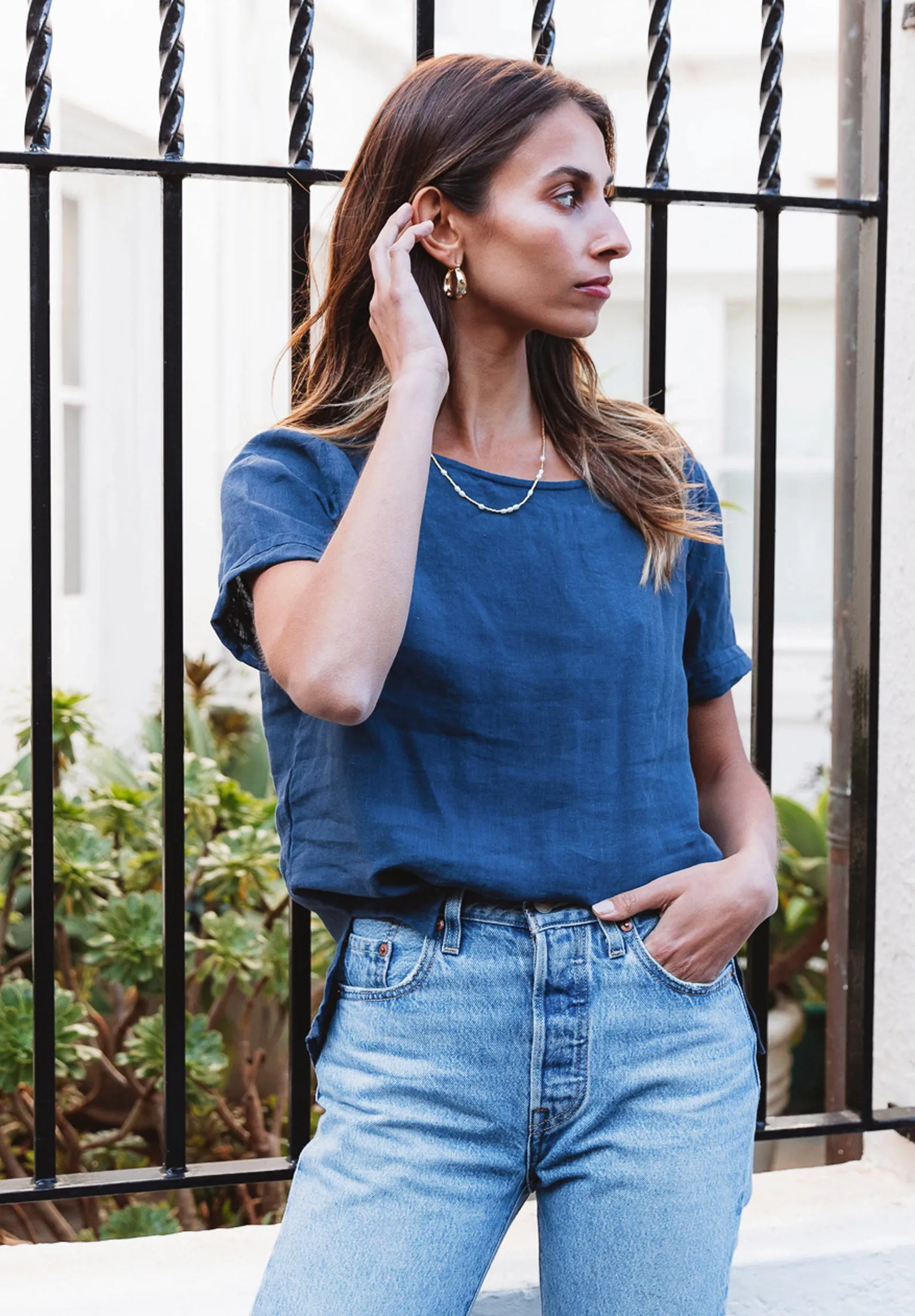 Teena-Linen Washed Blue T-Shirt