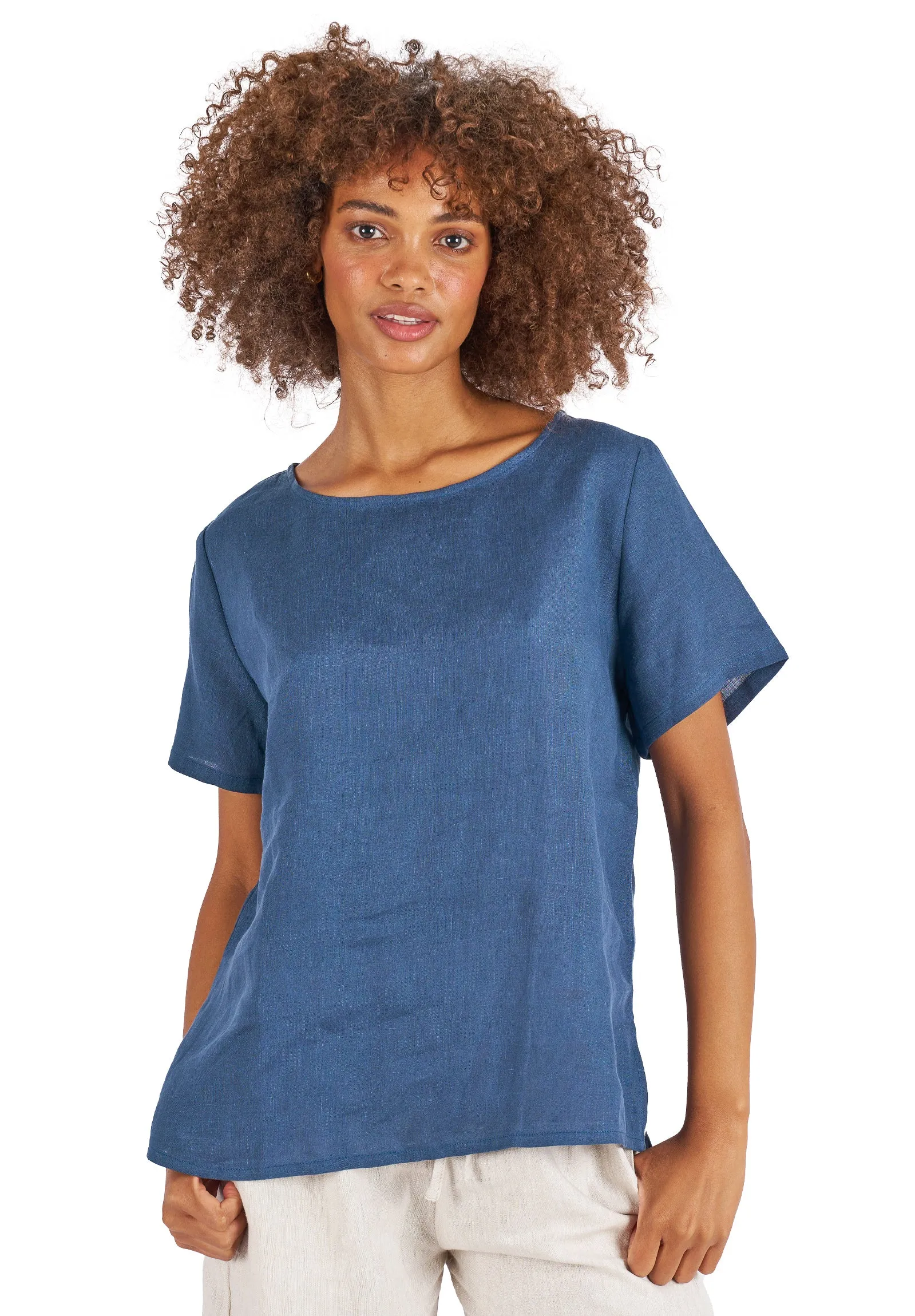 Teena-Linen Washed Blue T-Shirt