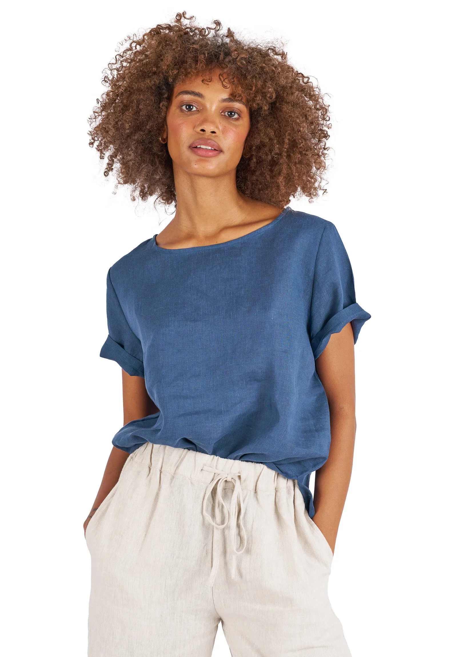 Teena-Linen Washed Blue T-Shirt