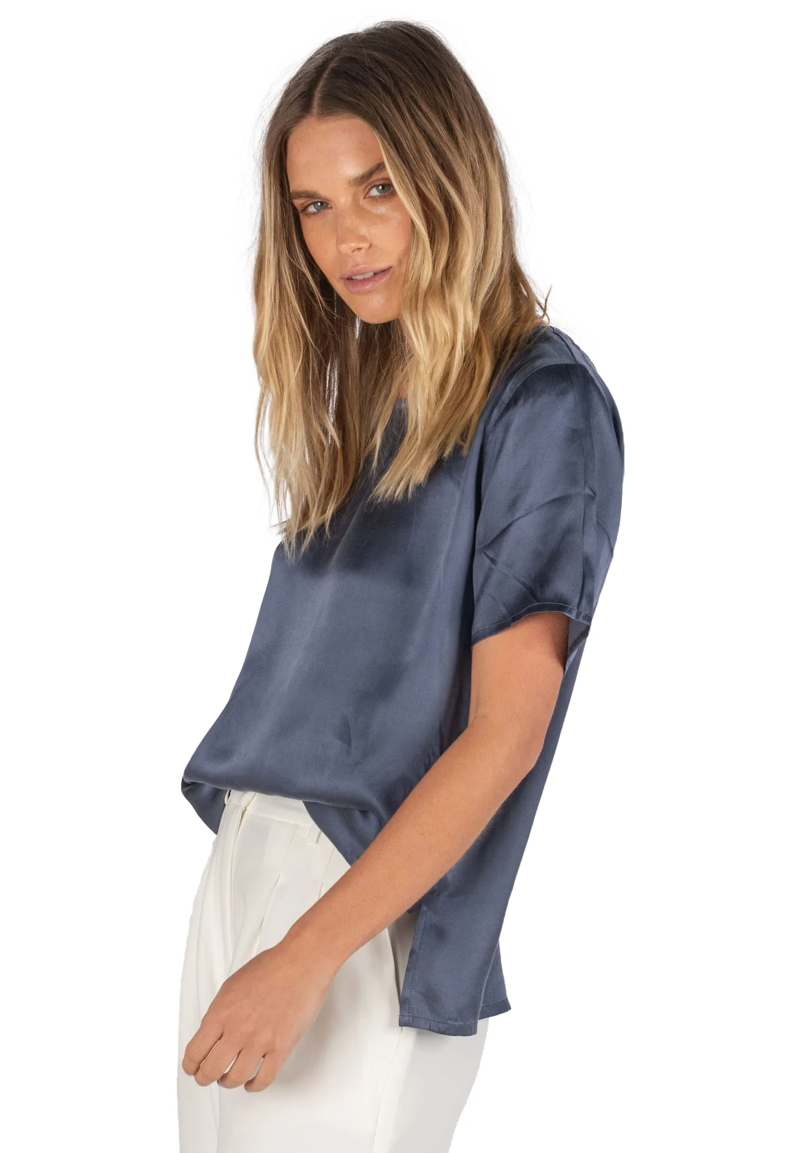 Teena-Satin Avio Blue 100% SIlk T-Shirt