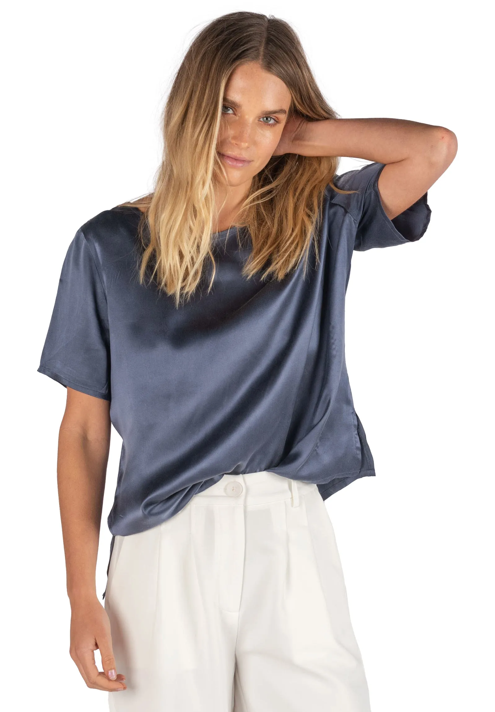 Teena-Satin Avio Blue 100% SIlk T-Shirt