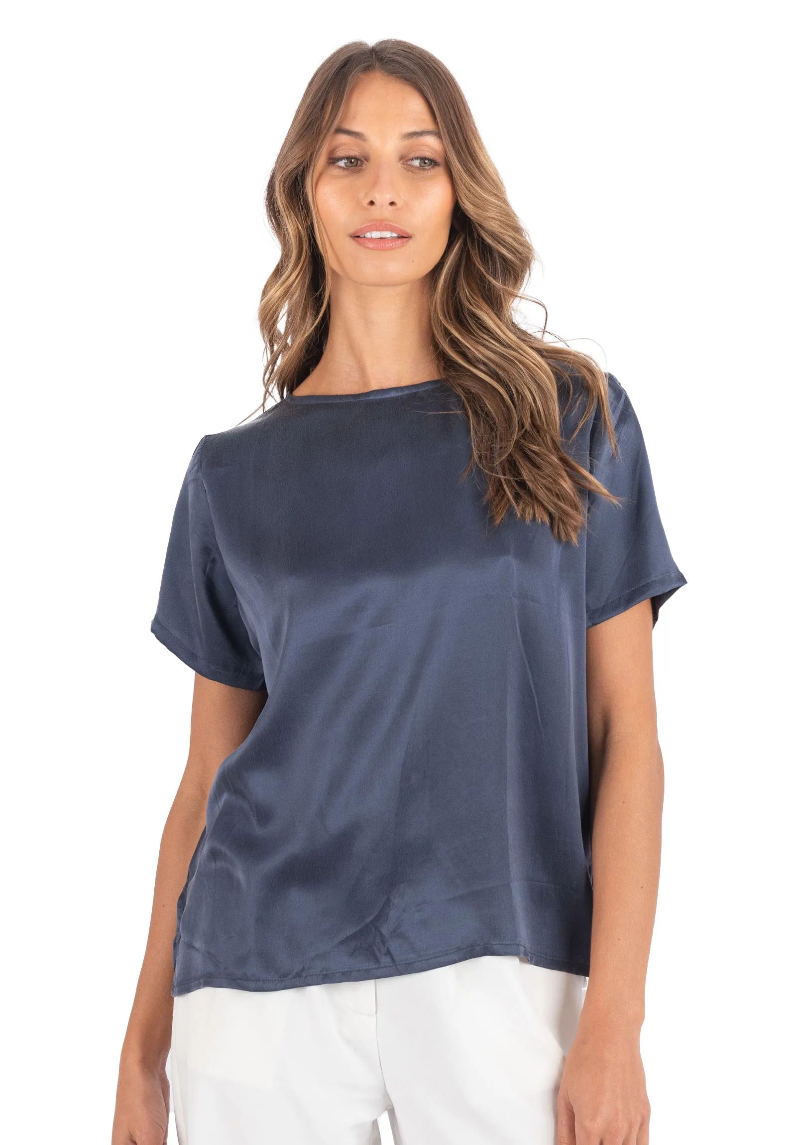 Teena-Satin Avio Blue 100% SIlk T-Shirt