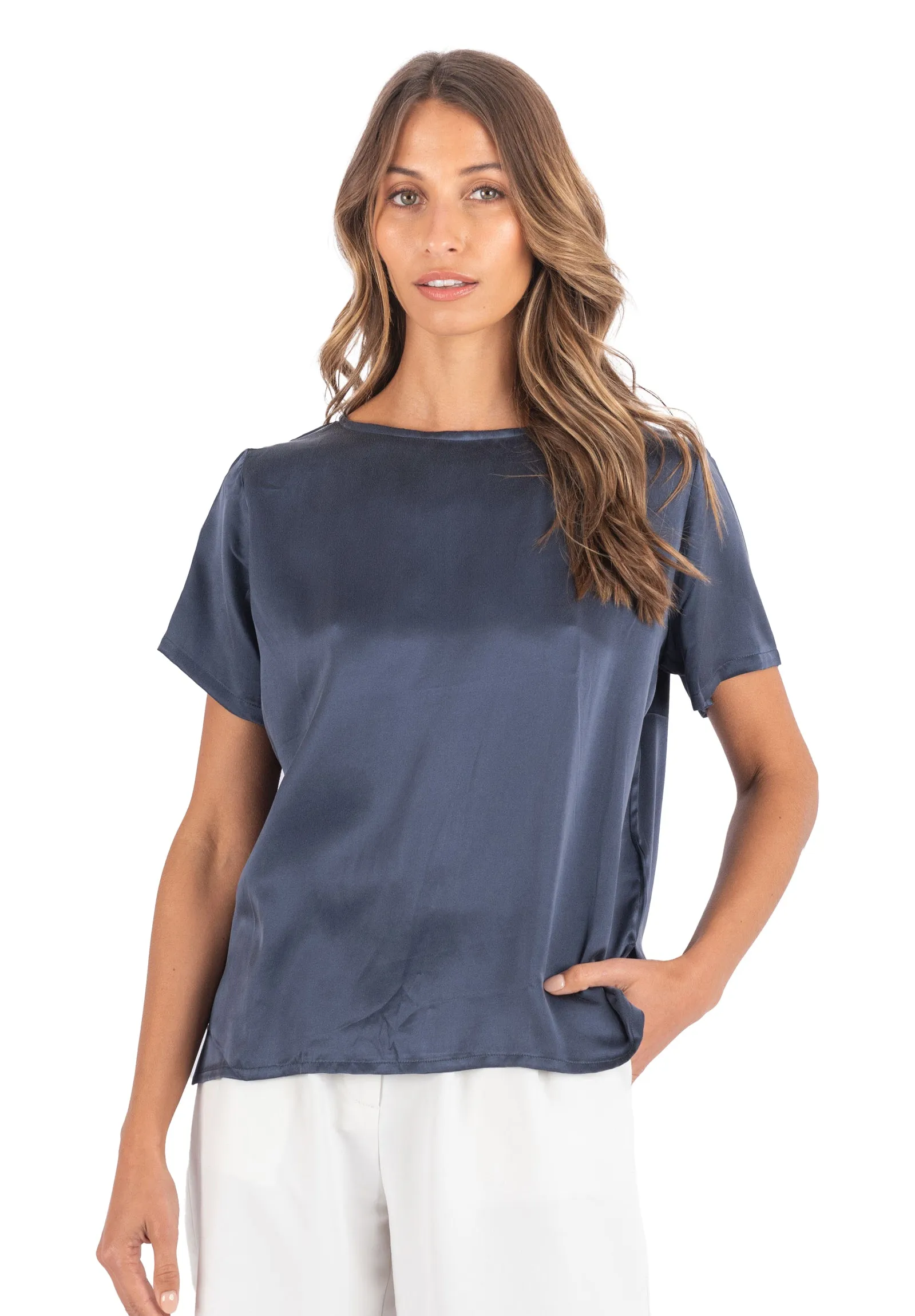 Teena-Satin Avio Blue 100% SIlk T-Shirt