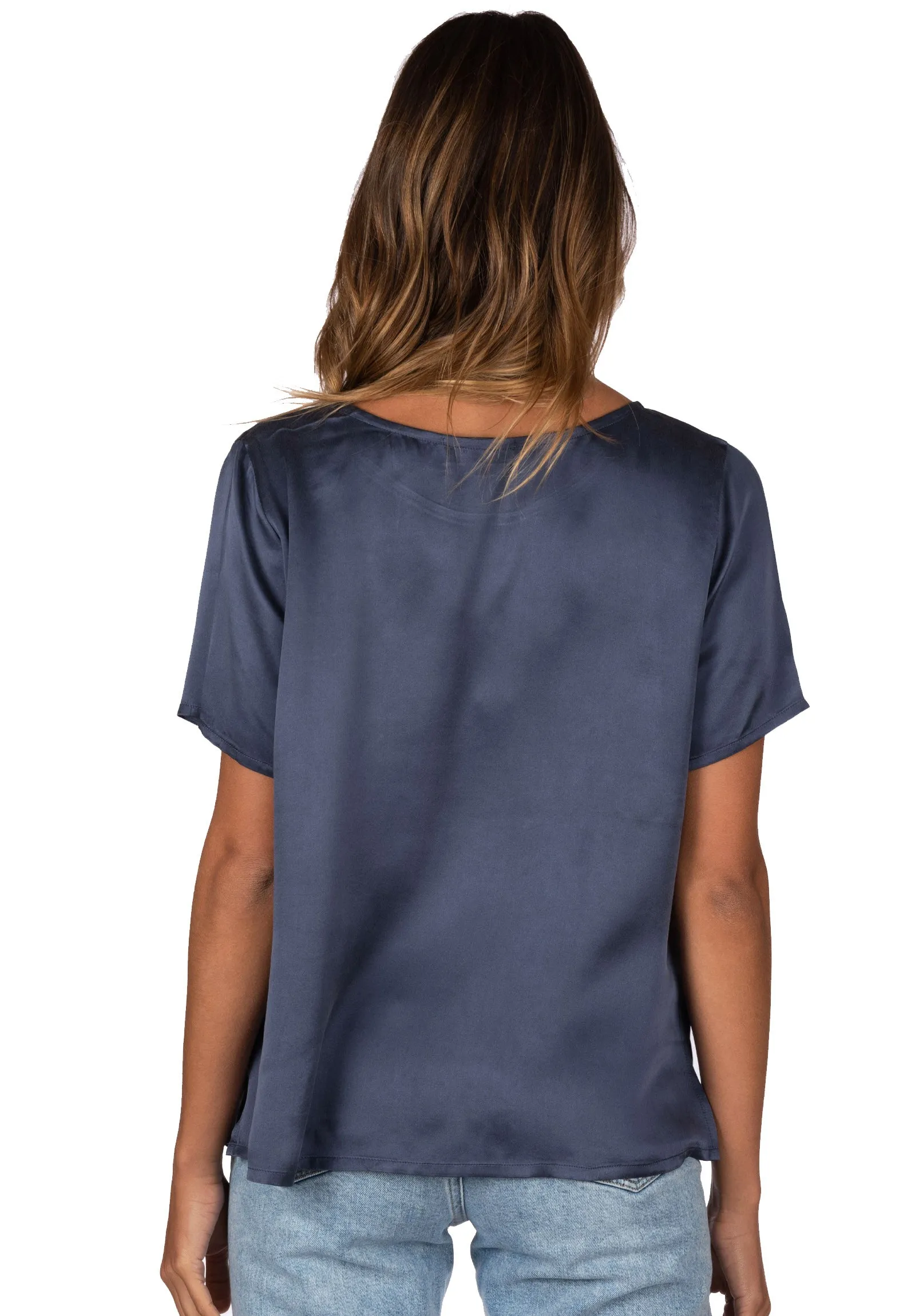 Teena-Satin Avio Blue 100% SIlk T-Shirt