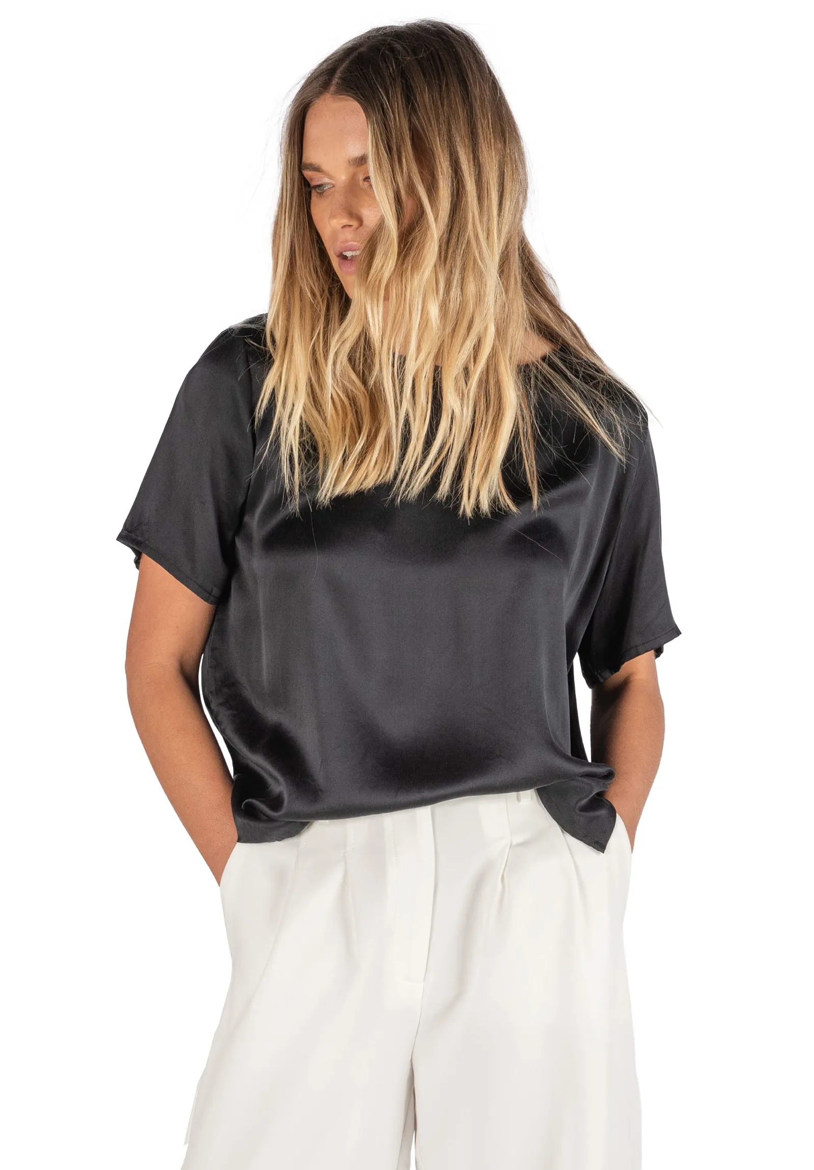 Teena-Satin Black 100% Silk T-Shirt