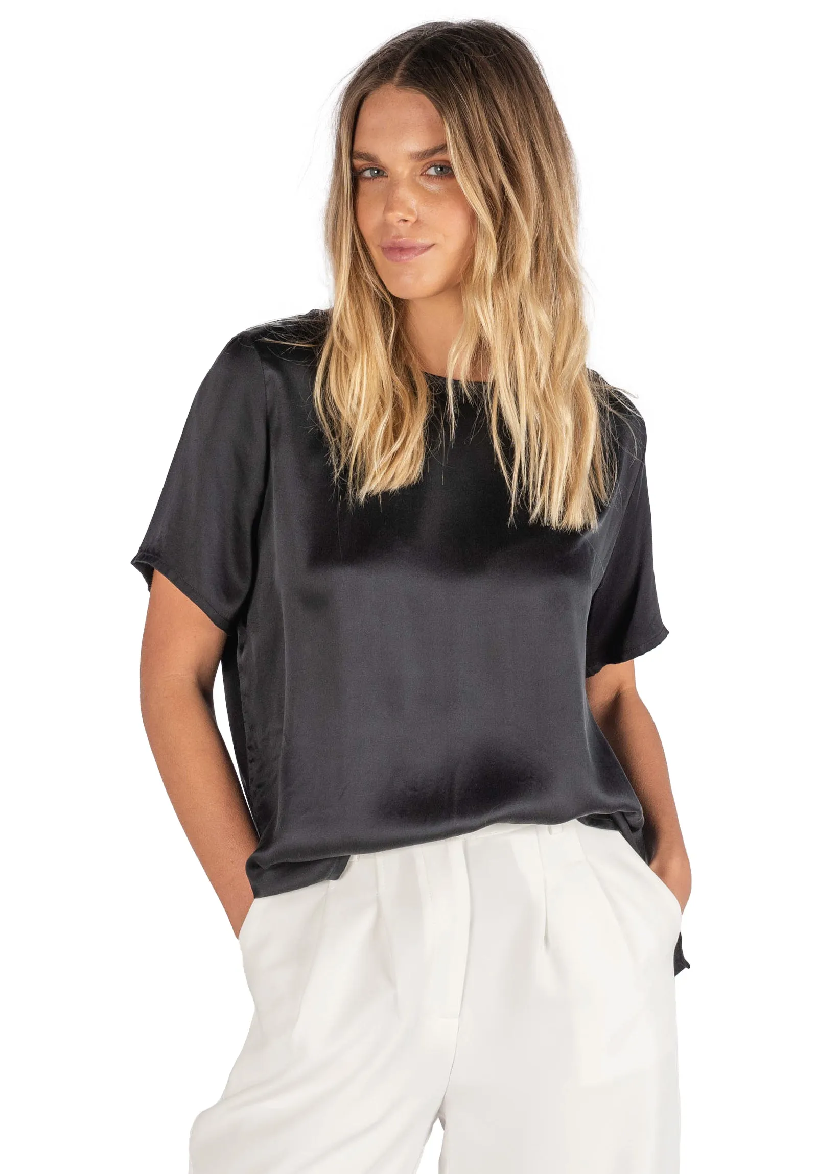 Teena-Satin Black 100% Silk T-Shirt