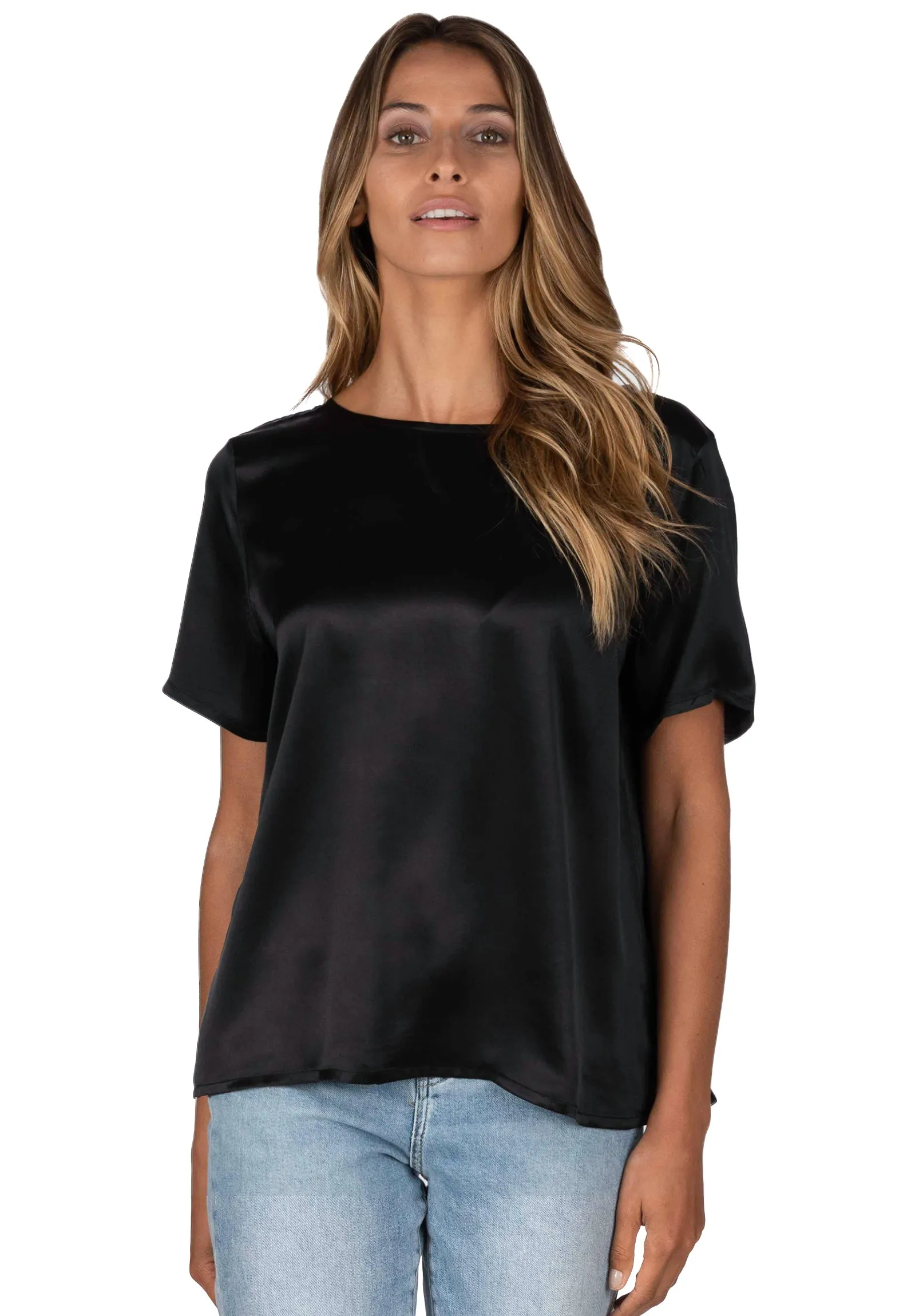 Teena-Satin Black 100% Silk T-Shirt