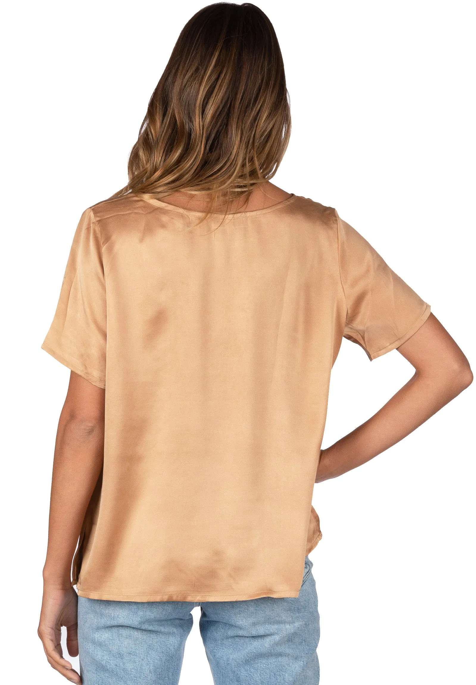 Teena-Satin Tan 100% Silk T-Shirt