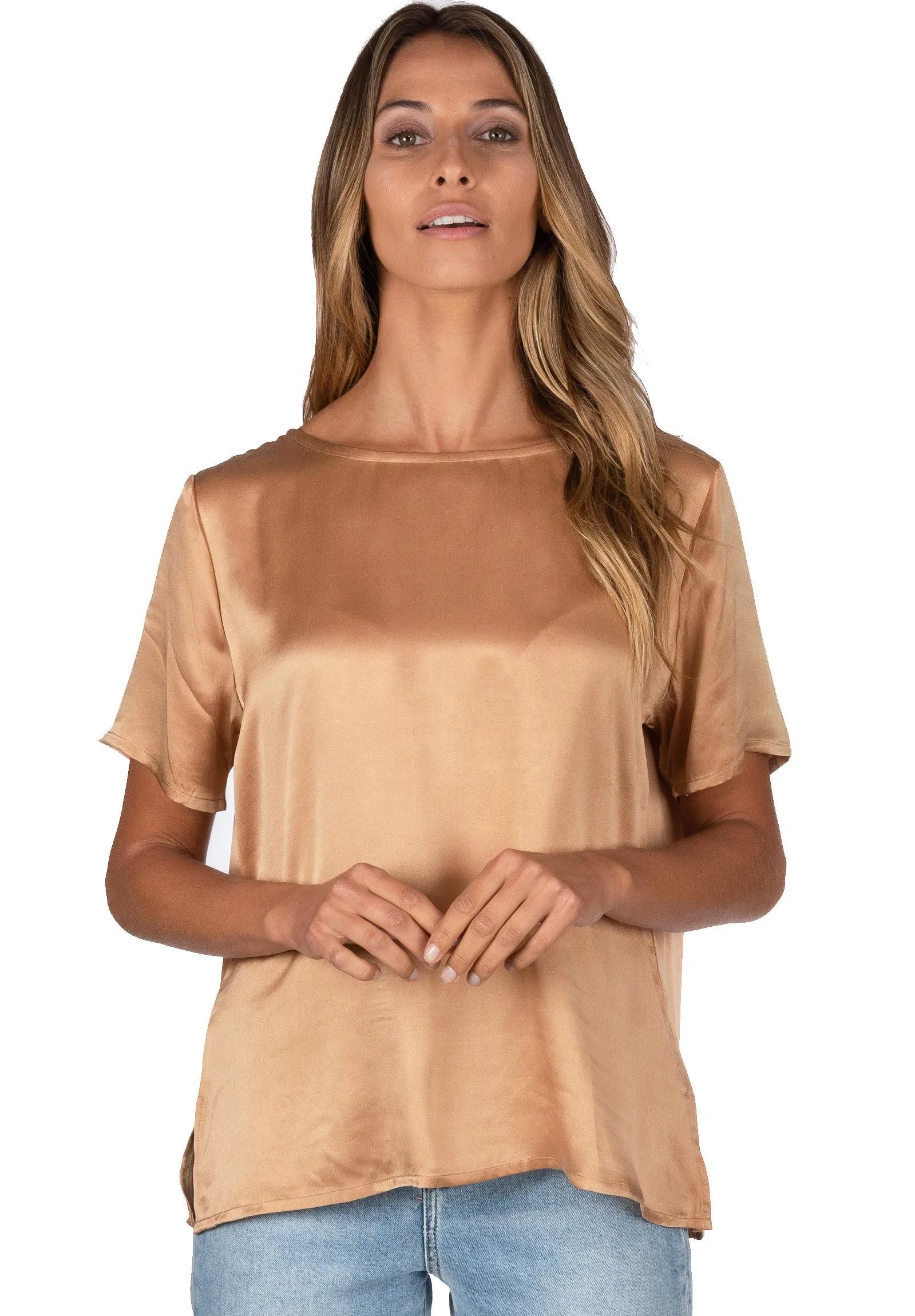 Teena-Satin Tan 100% Silk T-Shirt