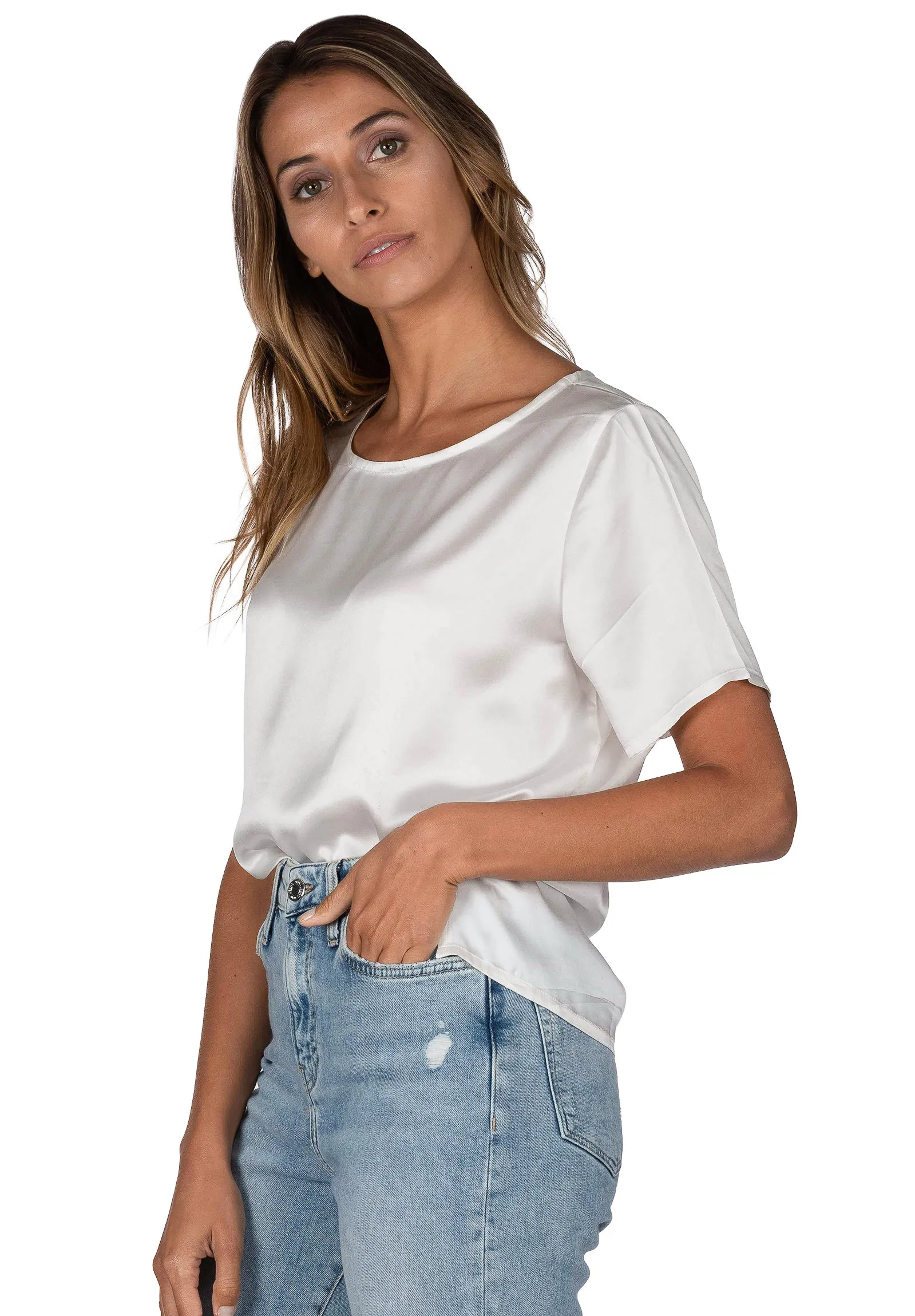 Teena-Satin White 100% Silk T-Shirt