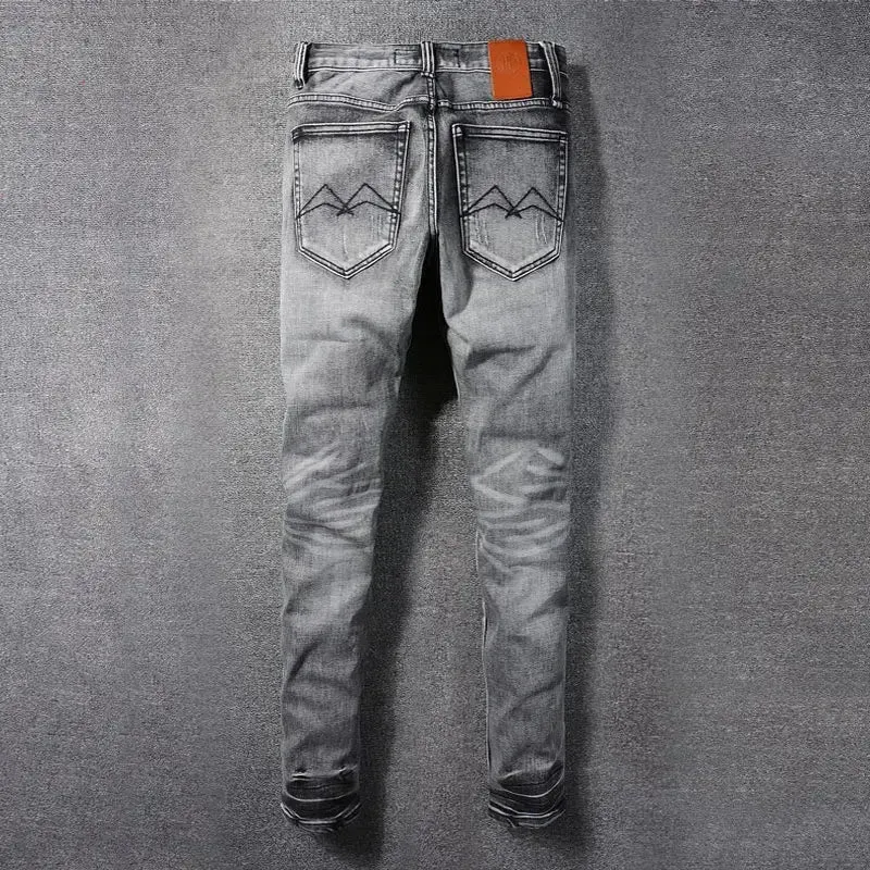 Vintage Dark Gray Slim Fit Ripped Jeans