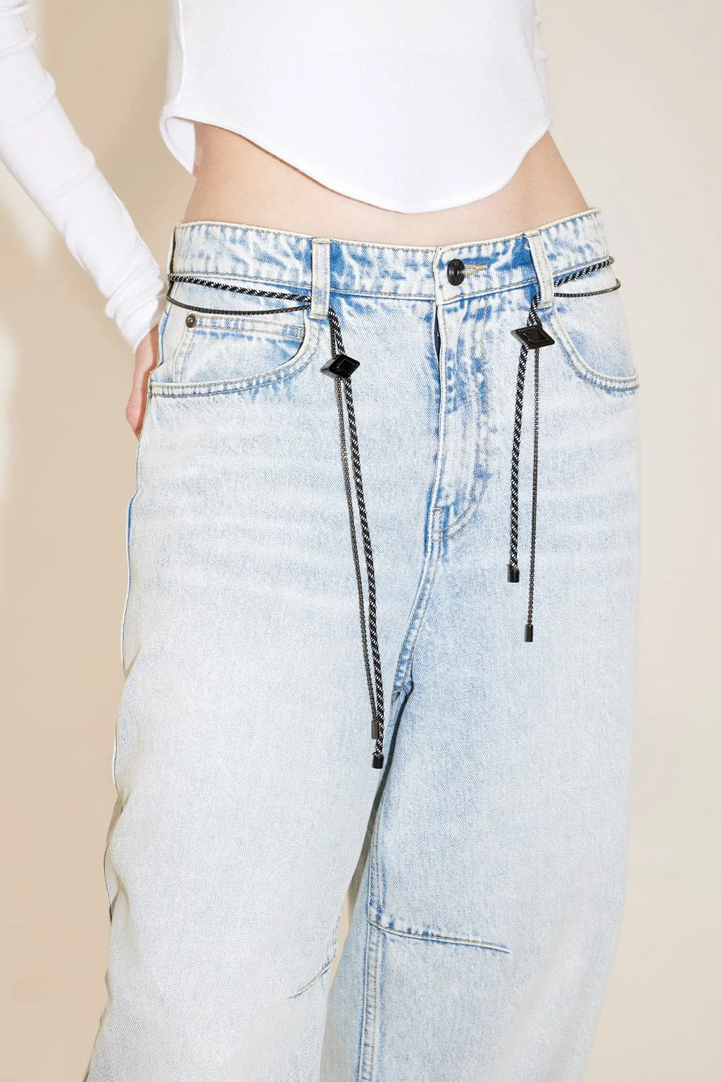 Vintage Light Blue Wash Loose Fit Jeans With Waist Chain