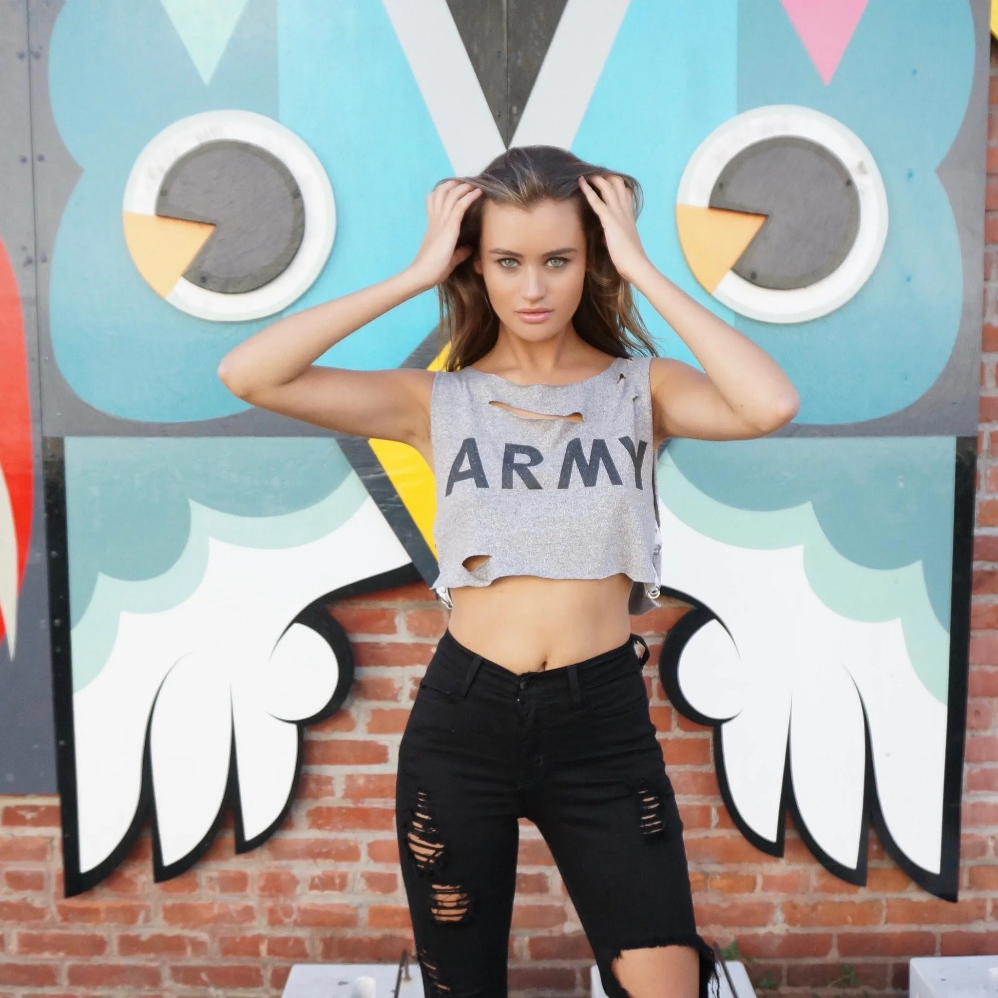 Wait And See Crop Army Strap Top