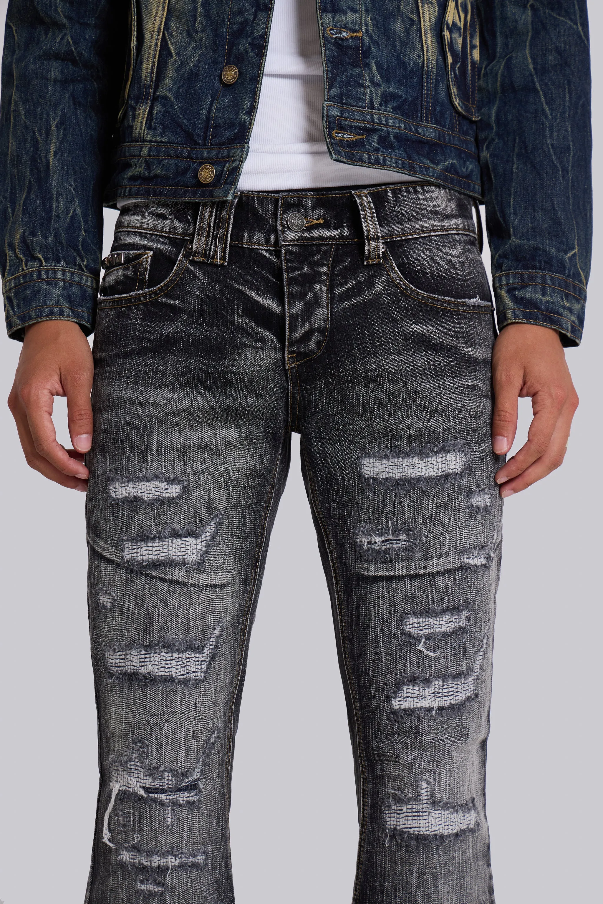 Washed Black Laced Bootcut Jeans