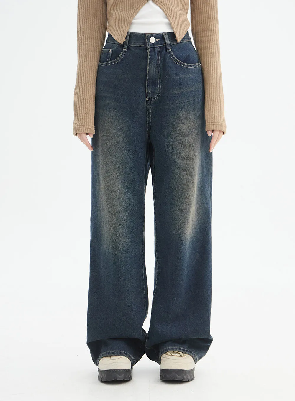 Washed Wide Leg Denim Jeans IN328