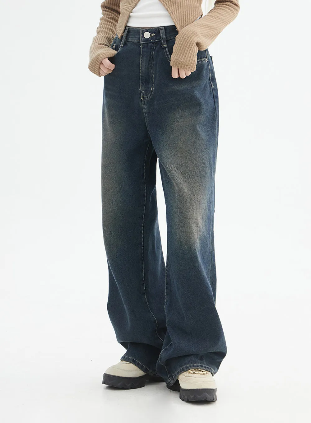 Washed Wide Leg Denim Jeans IN328