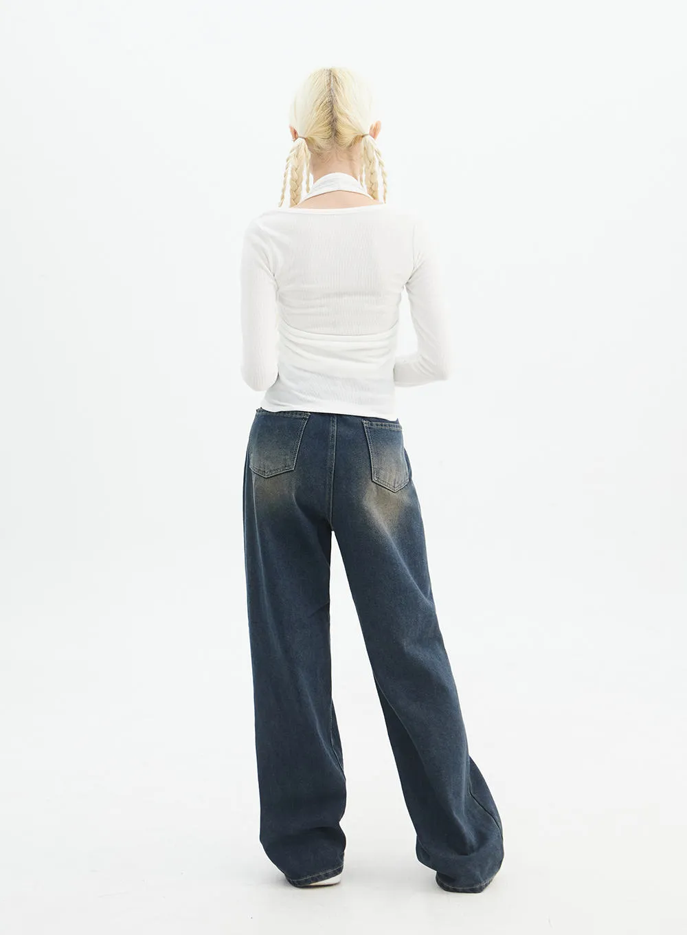 Washed Wide Leg Denim Jeans IN328