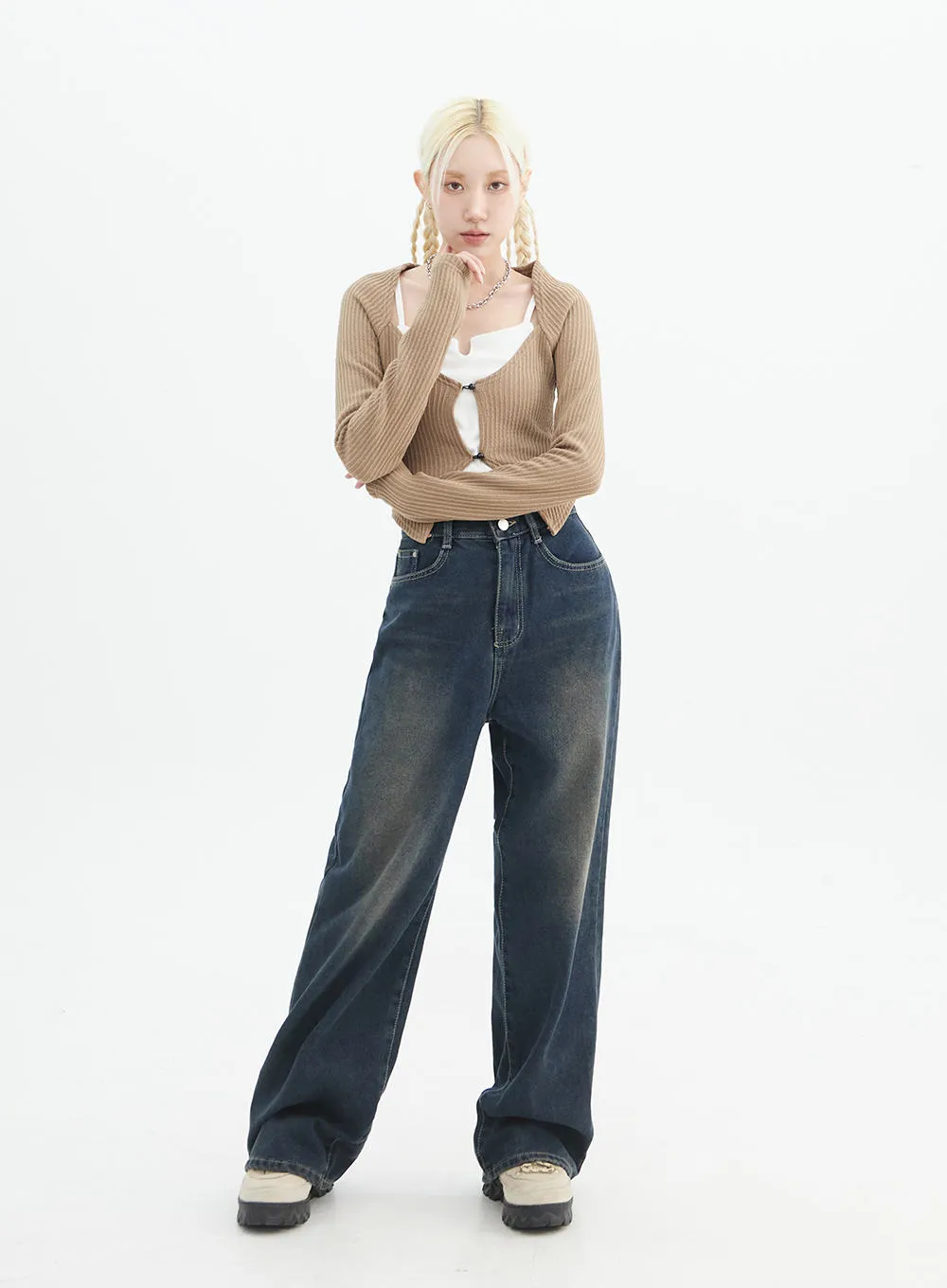 Washed Wide Leg Denim Jeans IN328