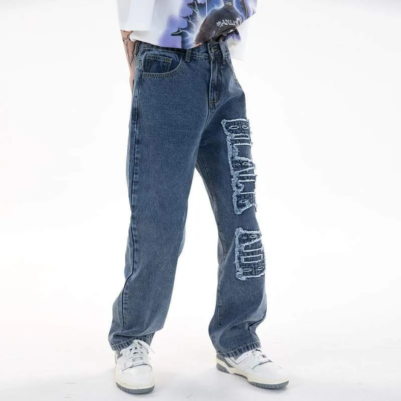 WLS Solid Color Embroidered Letter Digital Jeans