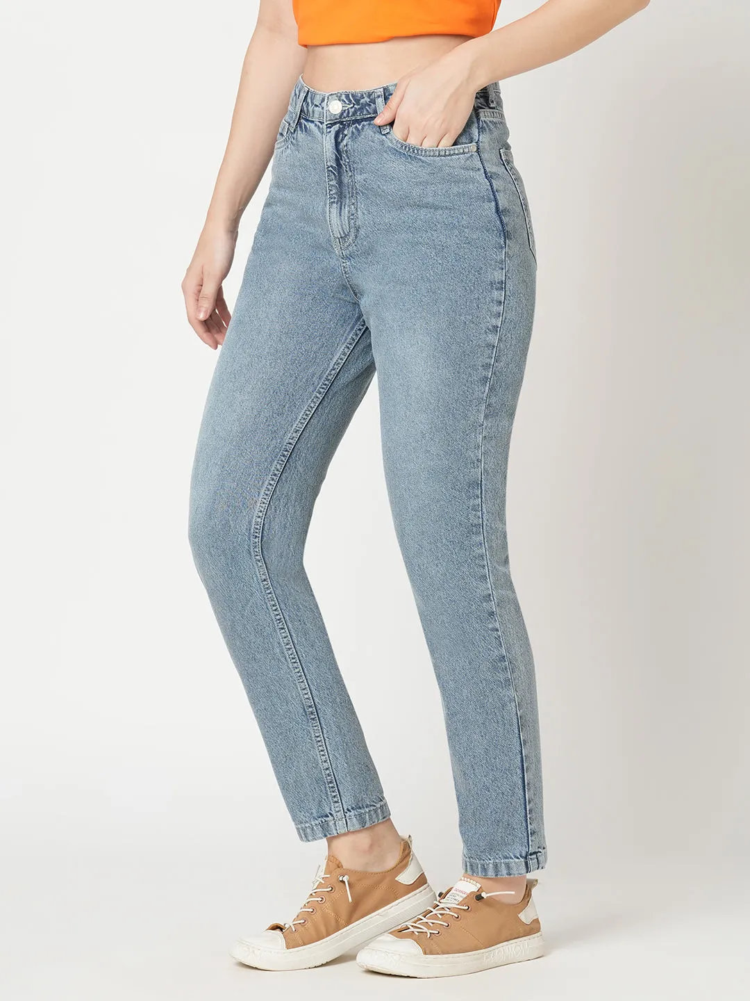 Women Light Blue High-Rise Mom Fit Jeans