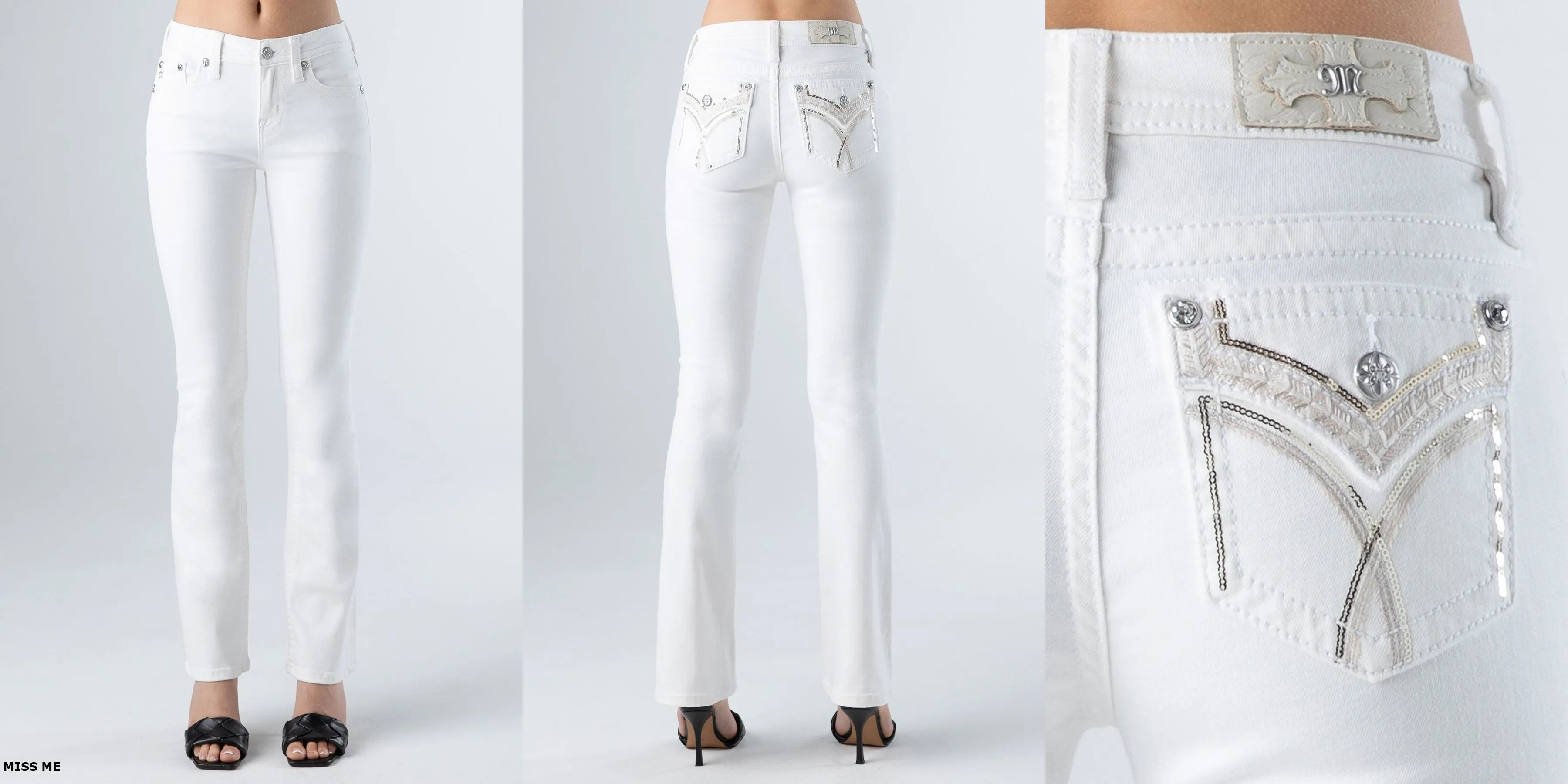 Women's Miss Me Sequin & Embroidered Fo Flap White Jean