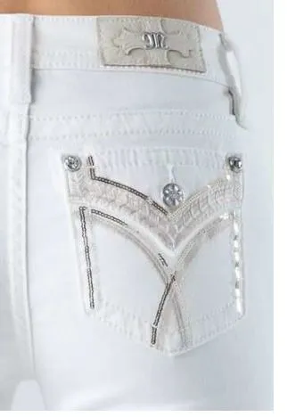 Women's Miss Me Sequin & Embroidered Fo Flap White Jean