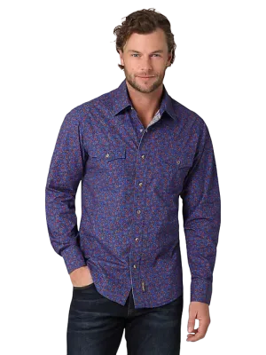 Wrangler Men's Retro Premium Long Sleeve Western Snap Printed Purple Blue Shirt